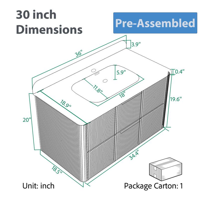 Modland Fluted Floating Vanity with Sink, Plywood Wall Mount Cabinet, Curved Edge, 24/30/36 Inch