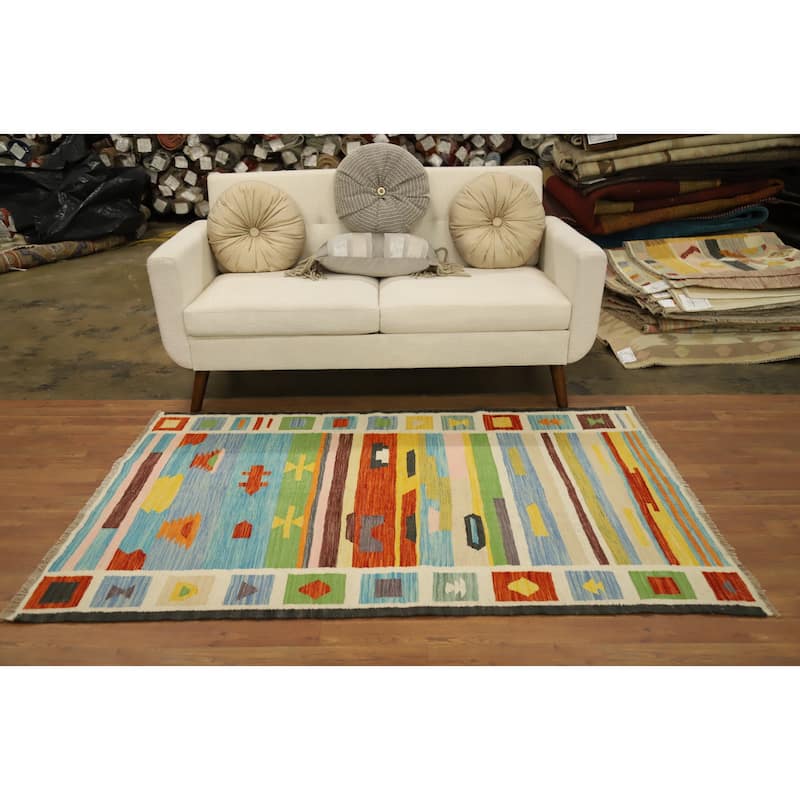 Hand Woven Oriental 100% Wool Carpet Southwestern Tribal Multi-Colored Kilim Area Rug - 6' 0'' X 3' 10''
