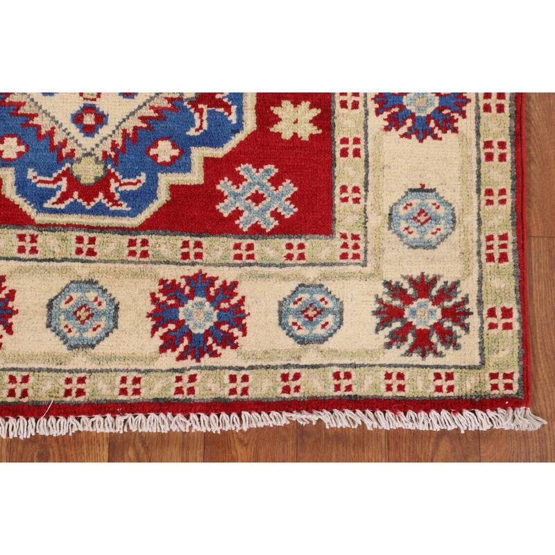 Red Geometric Kazak Oriental Accent Rug Handmade Foyer Wool Carpet - 2'8" x 3'9"
