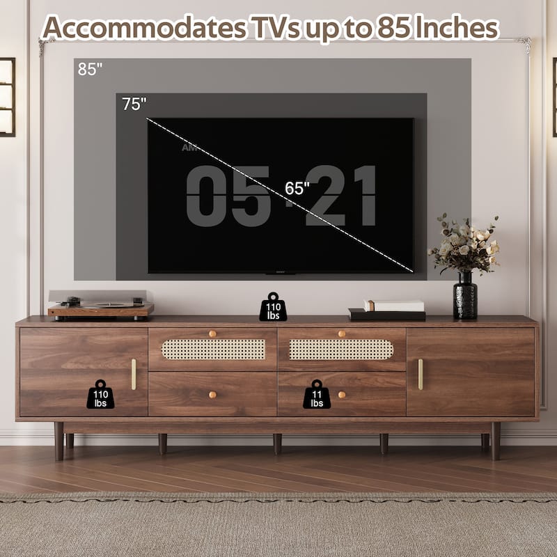 Roomfitters 76" Modern TV Stand for TVs Up to 85", Walnut Entertainment Center with Rattan Accents & Storage Cabinets