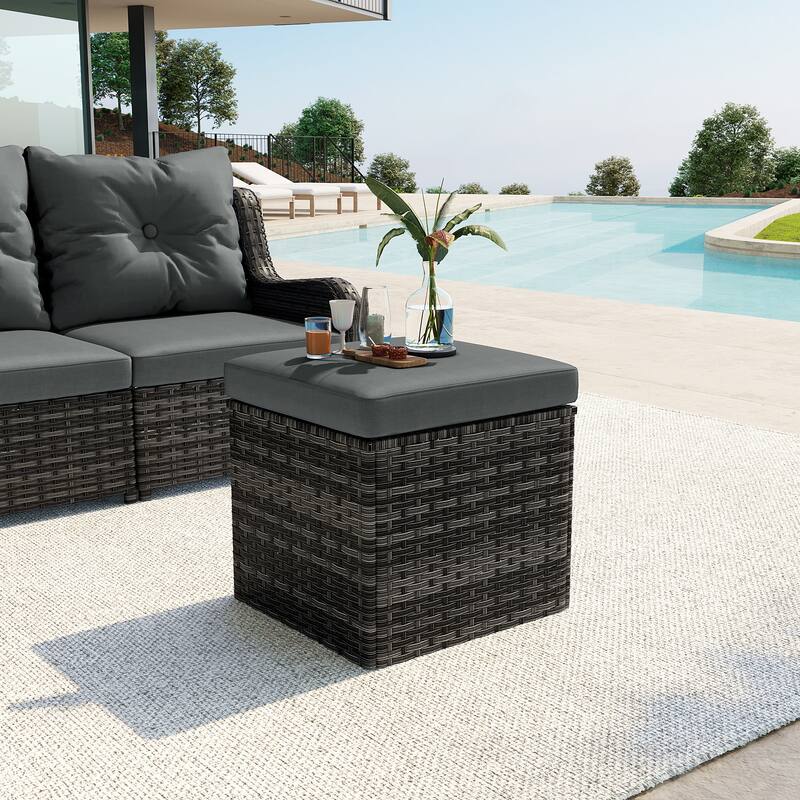 Outdoor 17.7" W Square Rattan Ottoman Patio Ottoman with Seat Cushion