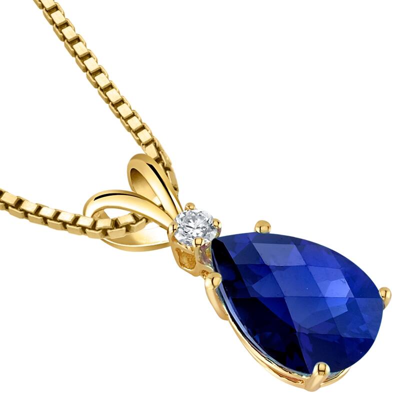 14k Yellow Gold Pear Shape 2.50 cts Created Blue Sapphire Diamond Pendant