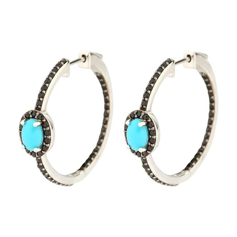 Sterling Silver 925 Sleeping Beauty Turquoise and Black Spinel Hoop Earrings