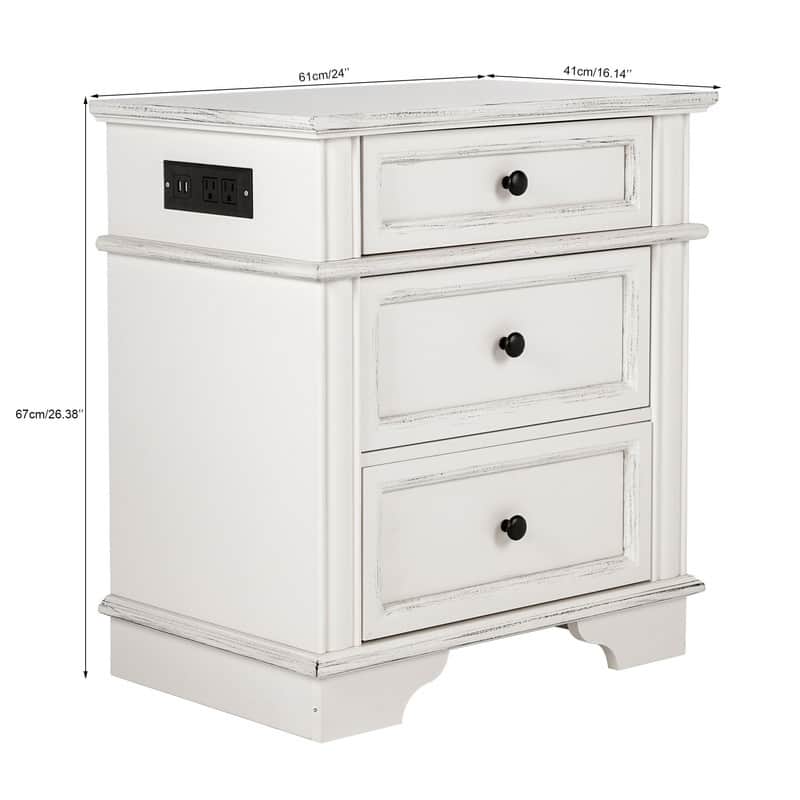 Solid wood 3 drawer nightstand with 2 Usb
