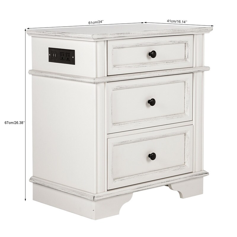 Solid wood 3 drawer nightstand with 2 Usb