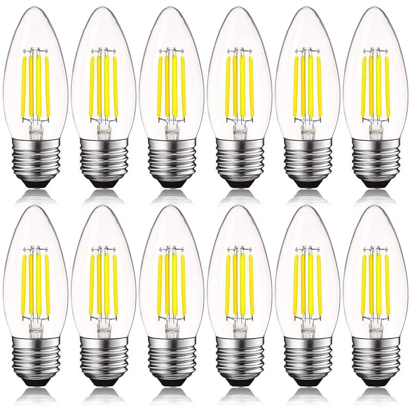 Luxrite 5W Vintage E26 Candelabra LED Bulbs Dimmable, 550 Lumens, 60W Equivalent, Torpedo Tip Clear Glass (12 Pack) - 5000K (Bright White)