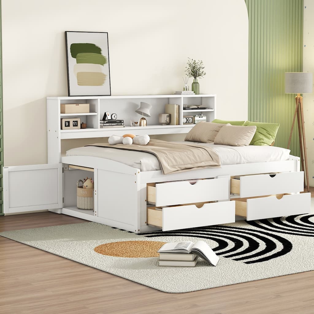 White Full Size Daybed with Bedside Cabinets, Upper Shelves, and 4 Drawers