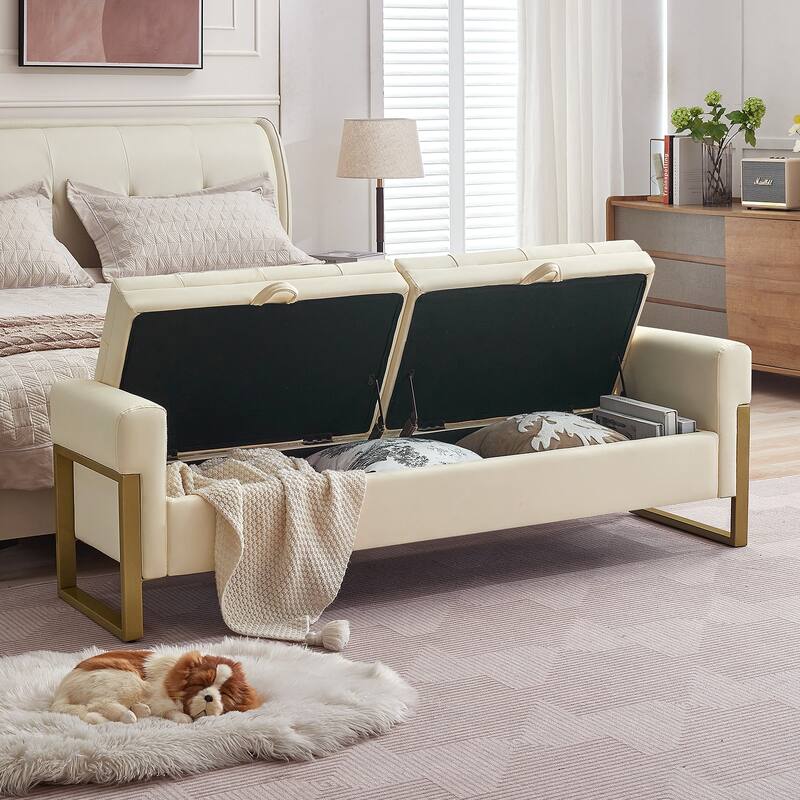 66" Storage Bench King Size End of Bed with Double Lids and Gold Legs