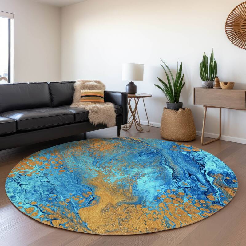 Premium Washable Super Soft Abstract Contemporary Mayfield Rug - Blue - 8' x 8' - Round