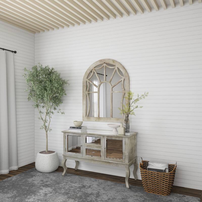 Wood Window Pane Inspired Room Wall Mirror with Arched Top - Cream - Roche River Decor