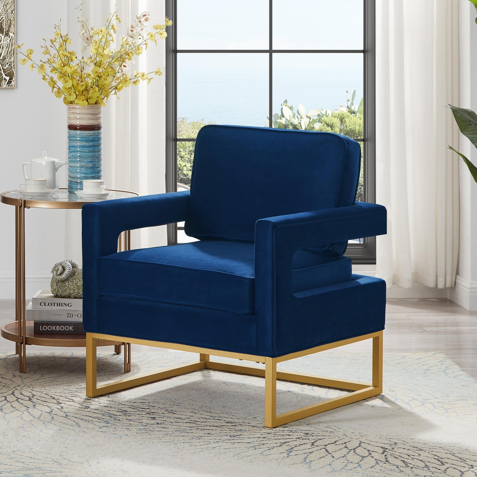 Navy Velvet Accent Chair with Gold Metal Base: Modern Leisure
