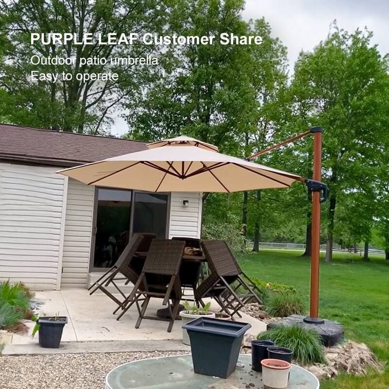 PURPLE LEAF 12ft Round Wood Pattern Patio Cantilever Umbrella
