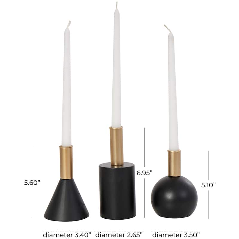 Wood Geometric Candle Holder with Varying Shapes and Gold Accents - Set of 3 Black - Roche River Decor - 3"W x 3"L x 7"H