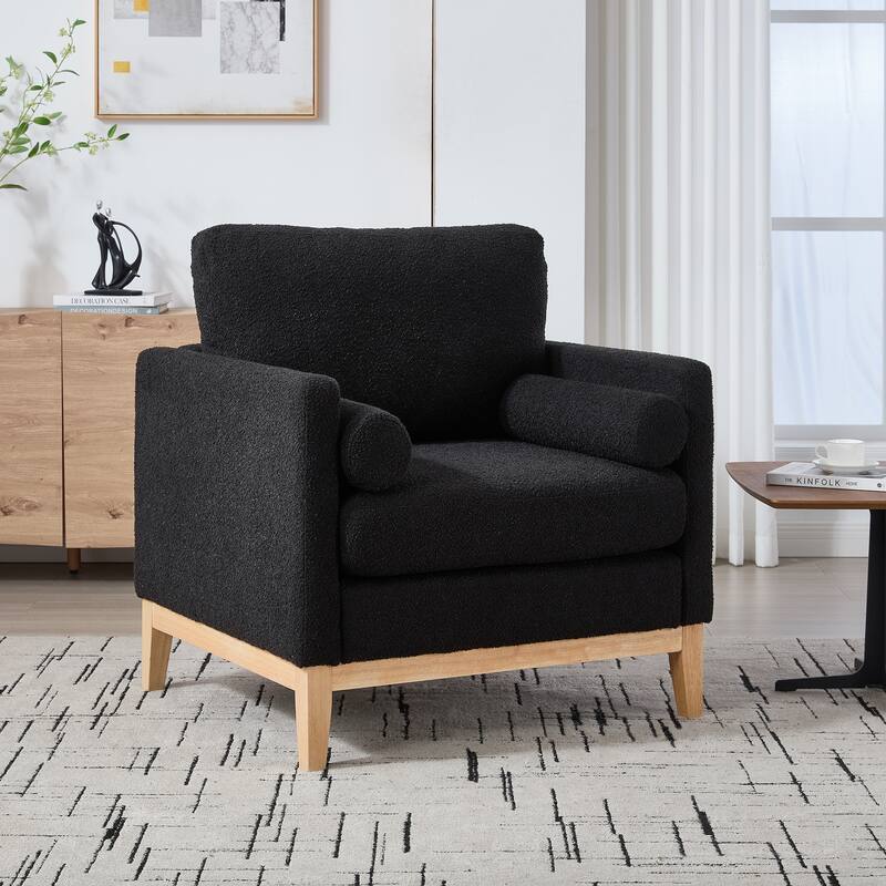 35.4 "Wide Accent Chair with Natural Wood Legs, Wood Base Reading Armchair Single Sofa with Two Bolster Pillows - Black