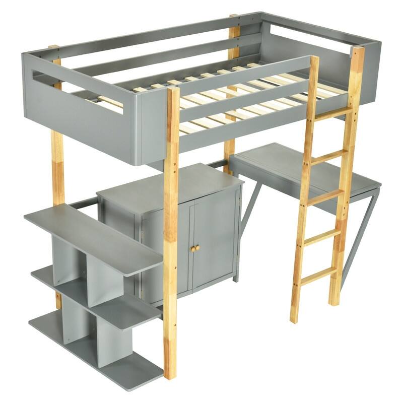 Twin Size Wood Loft Bed With Built-in Storage Cabinet and Shelf, Foldable Desk