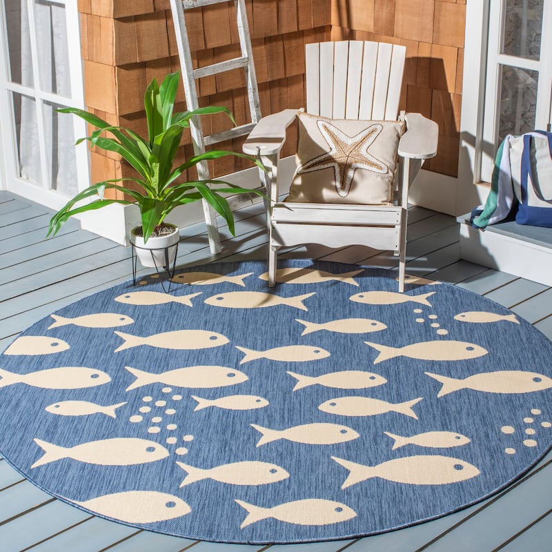 SAFAVIEH Courtyard Illa Indoor/ Outdoor Waterproof Patio Backyard Rug - 4' x 4' Round - Blue/Beige