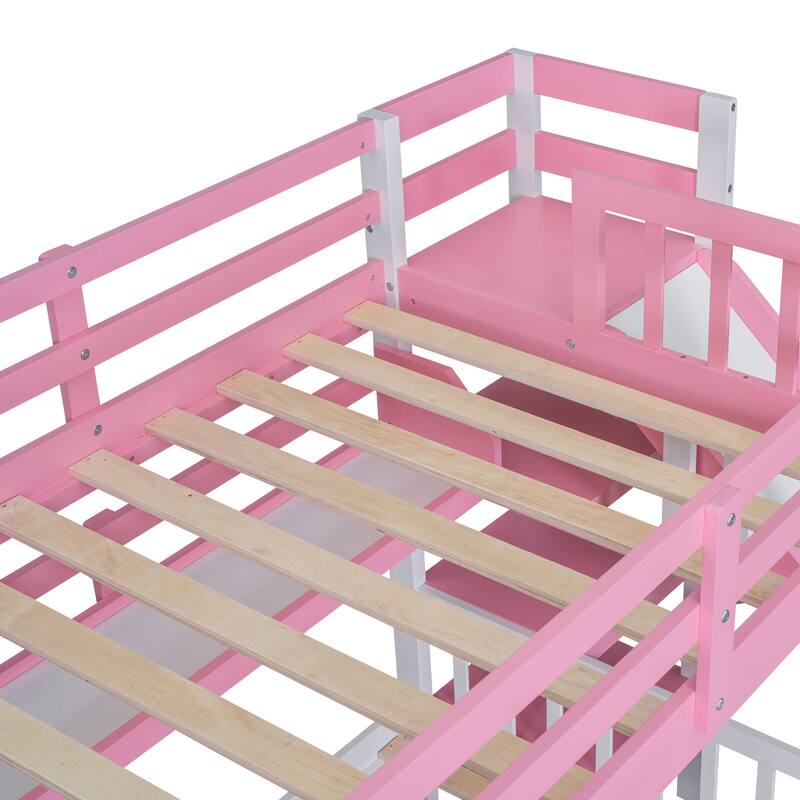Pink Twin-Over-Twin Castle Bunk Bed with Drawers, Shelves, and Slide