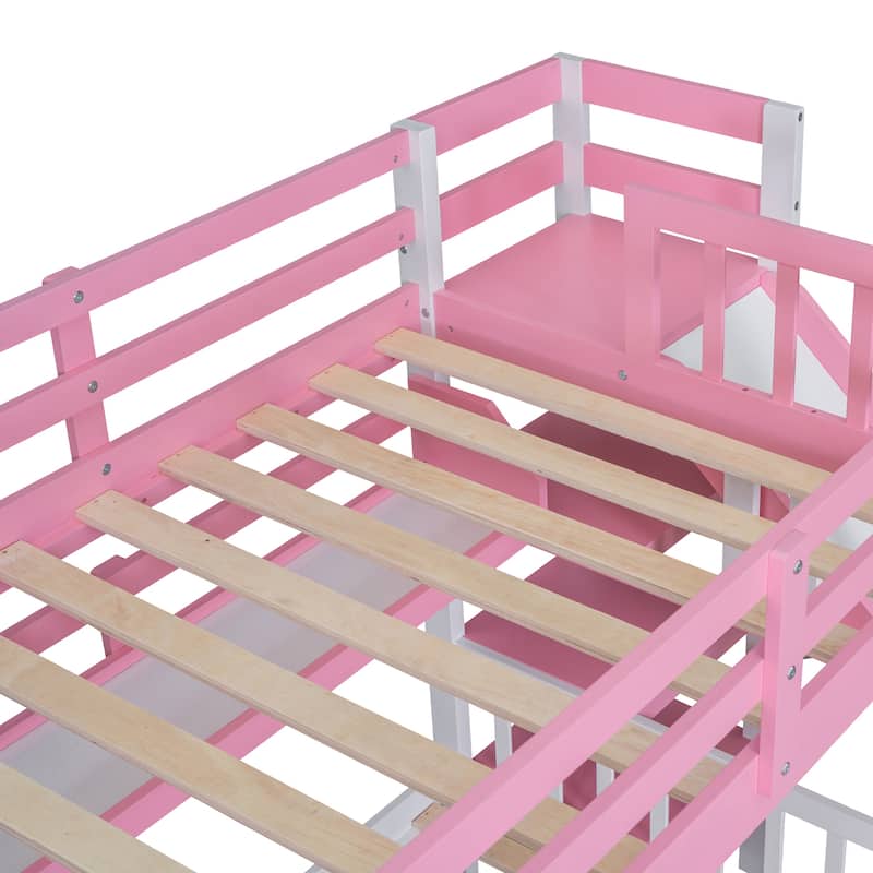 Twin Over Twin Pink Bunk Bed Fantasy Castle Bed with Storage Stairs, 2 Drawers and Shelves Wood Slide Bed for Bedroom