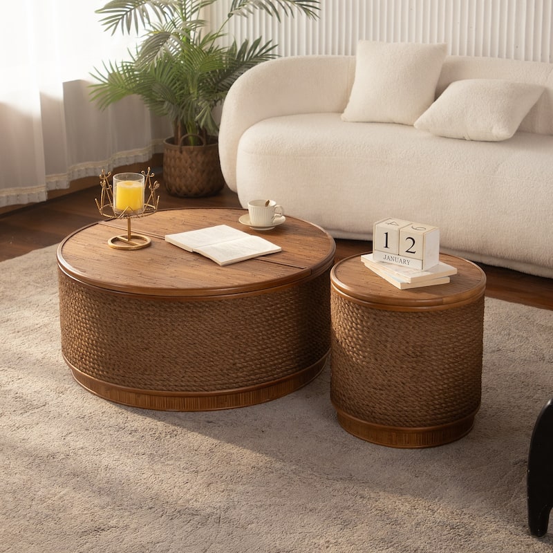 Round Rattan Coffee Table with Lift-Off Lid Storage