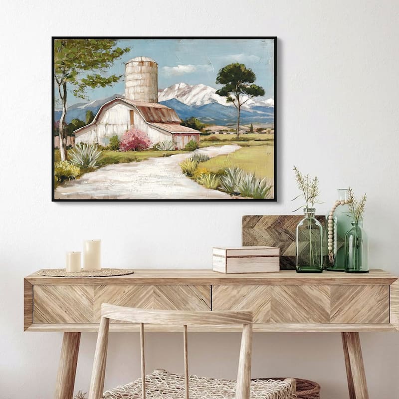 Framed Rustic Farmhouse Canvas Wall Art. Beautiful Field Painting Wildflower Barn Print Nature Scenery Picture