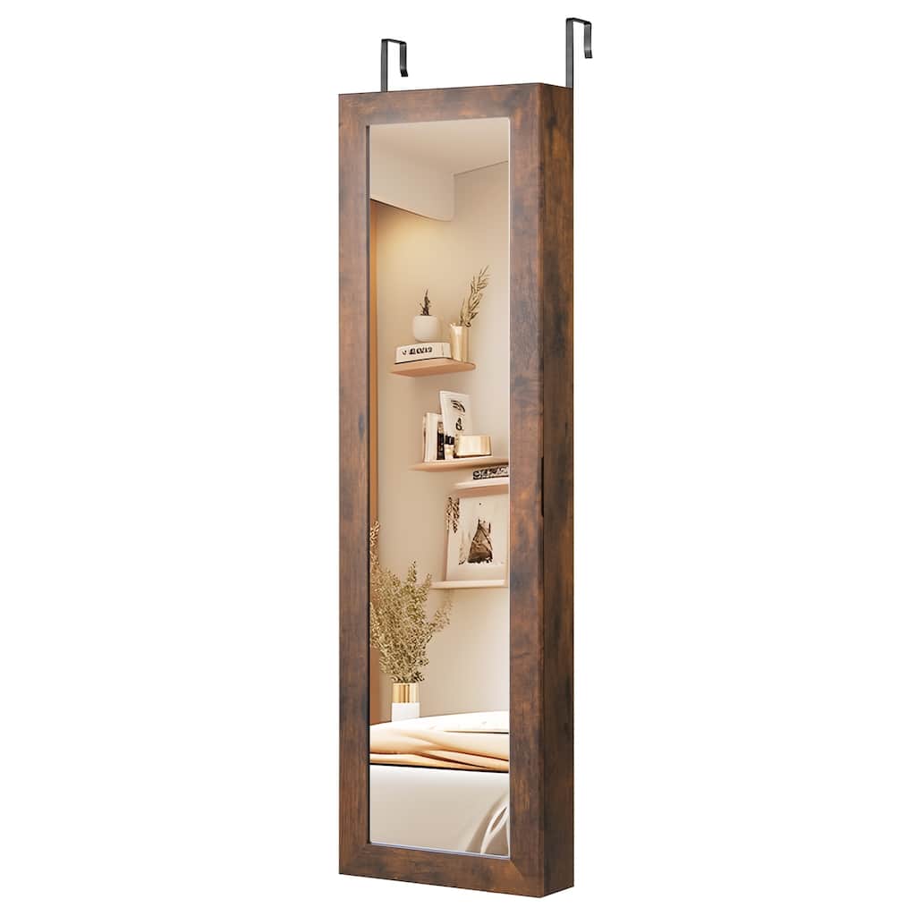 Wall Mounted or Door Hanging Jewelry Cabinet with Full Length Mirror and LED Lights - 12.5" x 3.7" x 42"