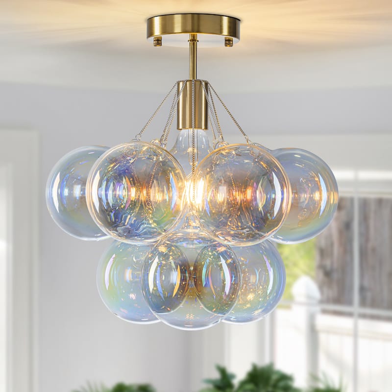 Starsky 1-Light 14in. Contemporary Glass Bubble Semi Flush Mount - Colorful Bubble - Gold