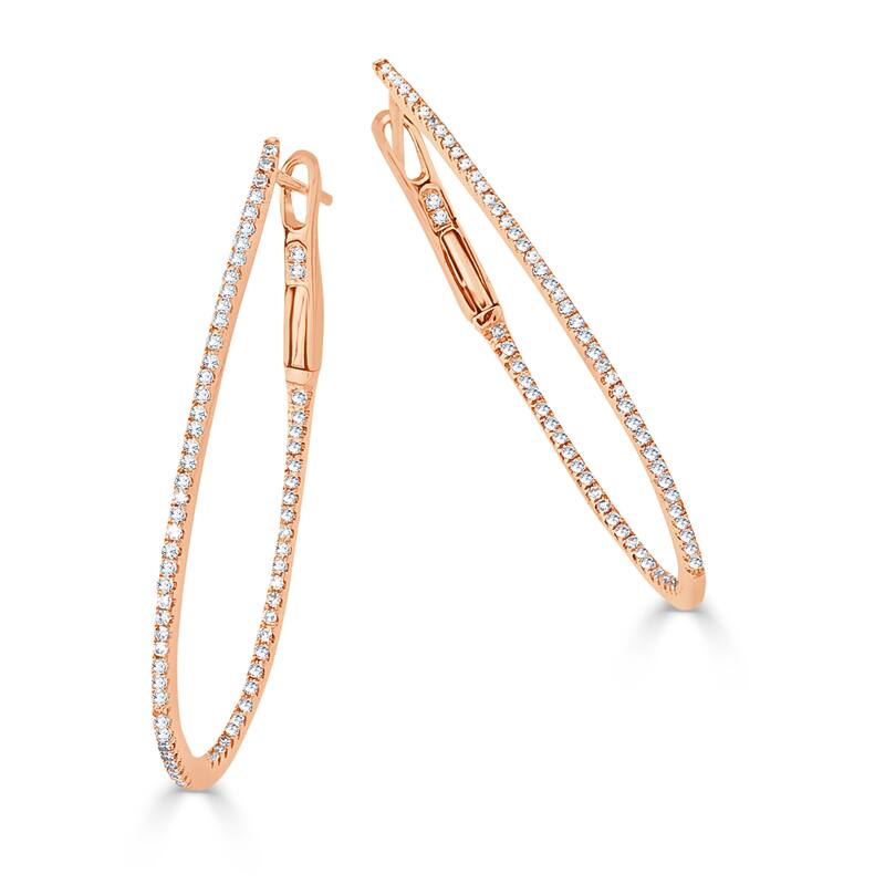 Joelle Collection Inside Out Diamond Thin Pear Hoop Earrings 1.5" Drop 14K Gold 3/8ct TDW - Rose