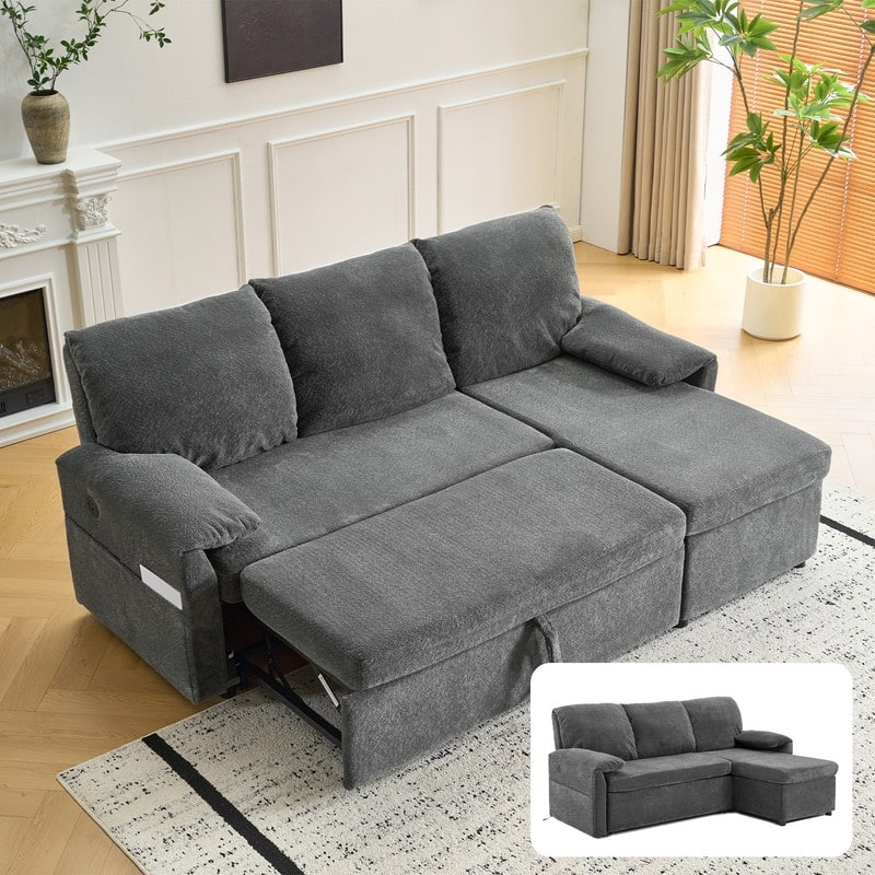 Modern L-Shaped Upholstered Velvet Sleeper Sectional Sofa bed with Chaise and Queen Pull Out Bed
