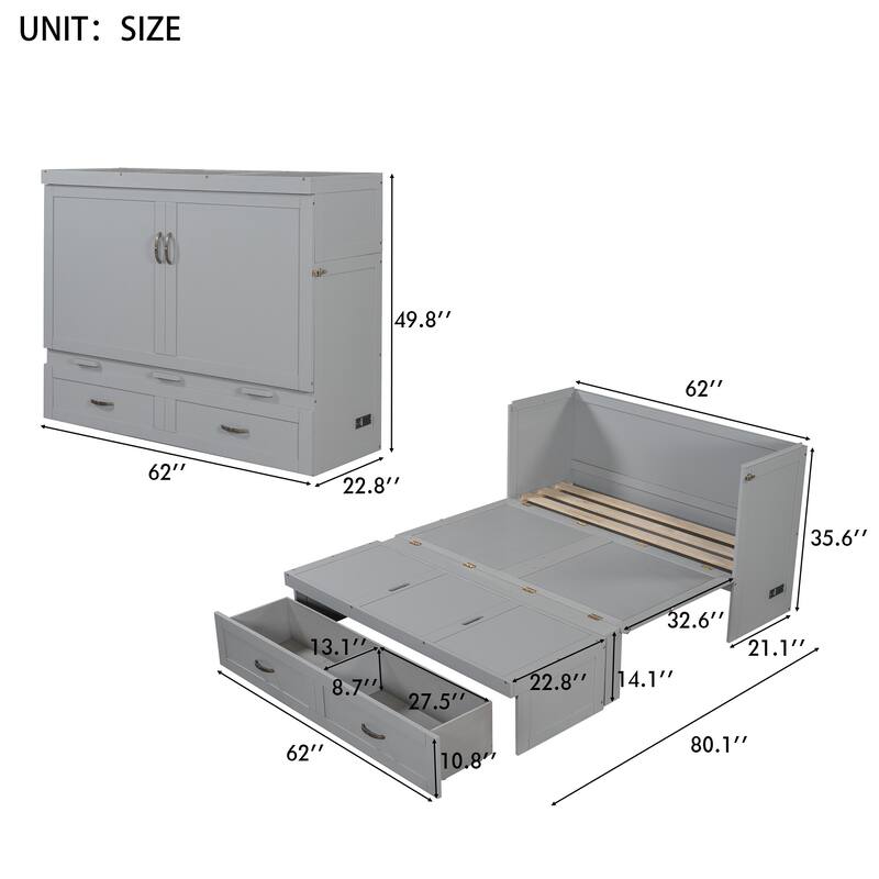 Space-Saving Design Murphy Bed with USB Ports, Large Drawers and Metal Handles