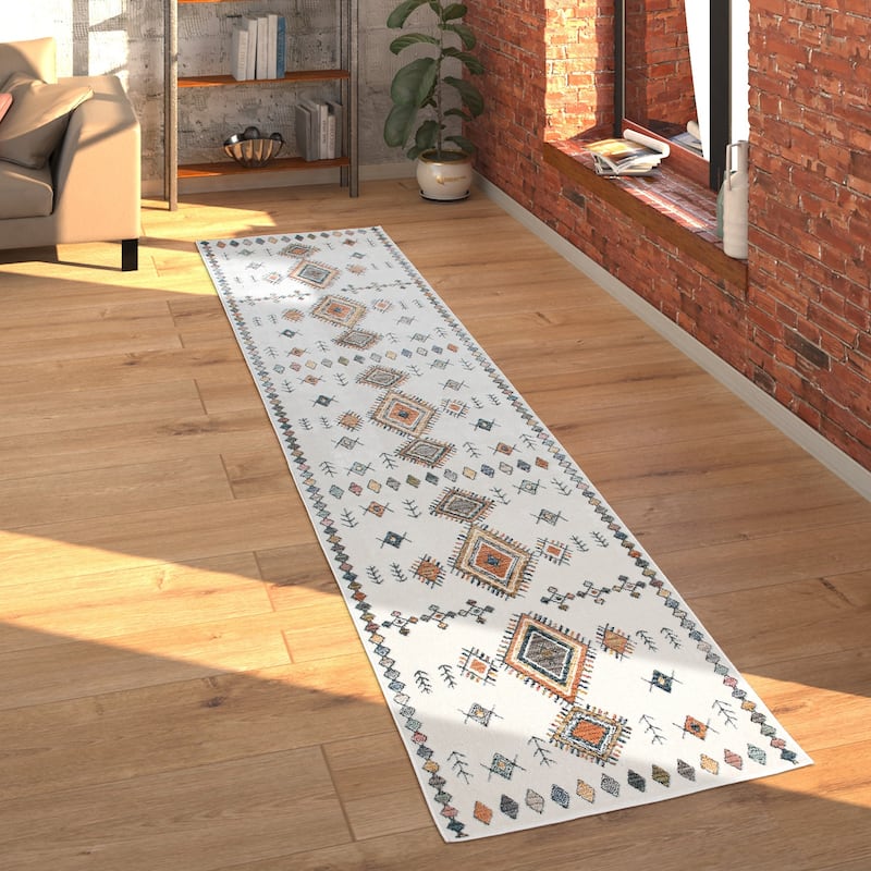 Ethnic Design Rug in Cream with Traditional colorful Patterns
