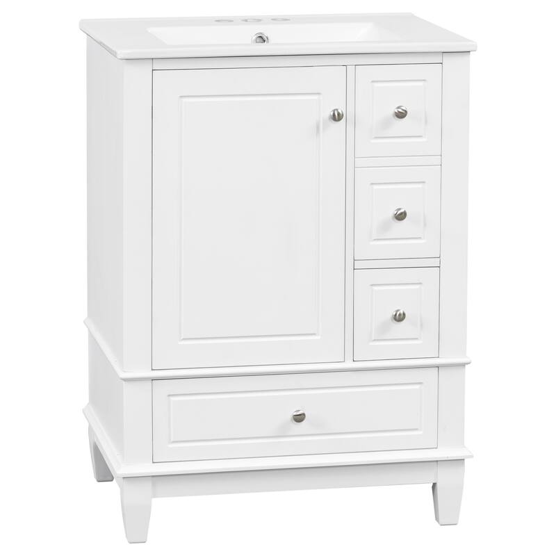 24" Freestanding Bathroom Vanity with Sink - Ceramic Top, Drawers & Shelves, MDF & Solid Wood Base, for Small Bathrooms