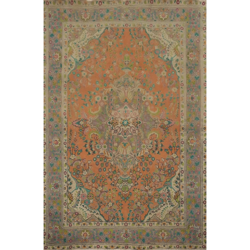 Hand Knotted Oriental 100% Wool Carpet Traditional Floral Oranges & Rust Tabriz Area Rug - 9' 2'' X 6' 6''