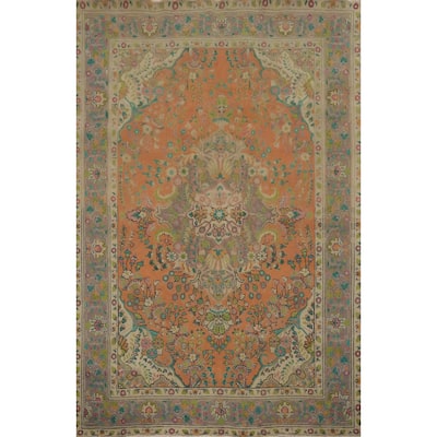 Hand Knotted Oriental 100% Wool Carpet Traditional Floral Oranges & Rust Tabriz Area Rug - 9' 2'' X 6' 6''