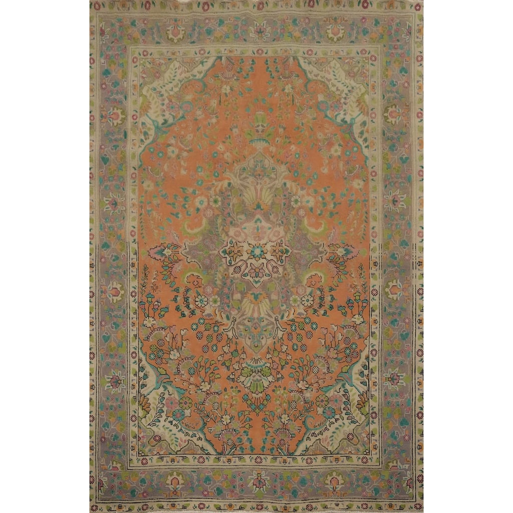 Hand Knotted Oriental 100% Wool Carpet Traditional Floral Oranges & Rust Tabriz Area Rug - 9' 2'' X 6' 6''