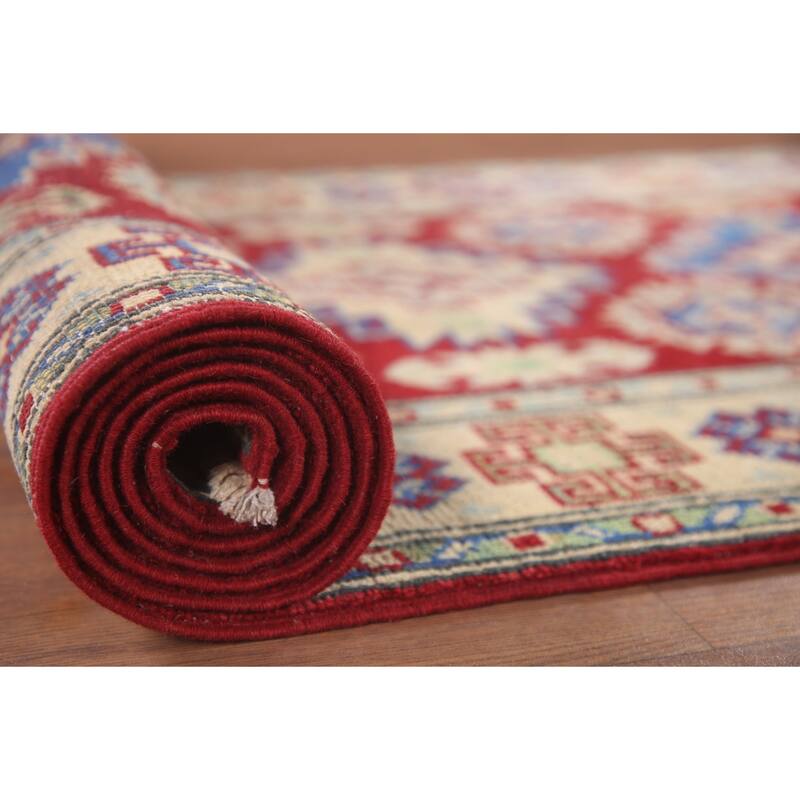 Hand Knotted Oriental 100% Wool Carpet Traditional Geometric Red Kazak Runner Rug - 8' 7'' X 2' 8''