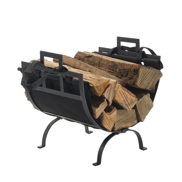 Pleasant Hearth 1085 Wrought Iron Fireplace Wood Holder and Canvas Log Tote Bag with Carry Handles - Black Powder Coated
