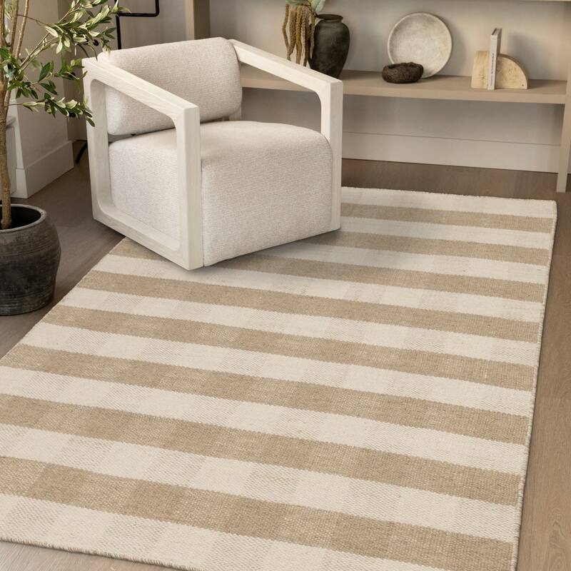 Beige White Plaid Handmade Wool Rug