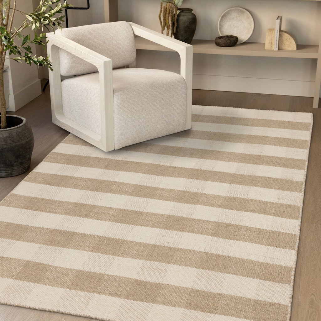 Beige White Plaid Handmade Wool Rug