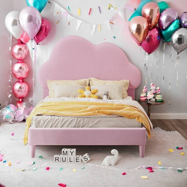 slide 2 of 6, Twin Size Velvet Upholstered Cloud-Shape Bed with Headboard, No Box Spring Needed Pink