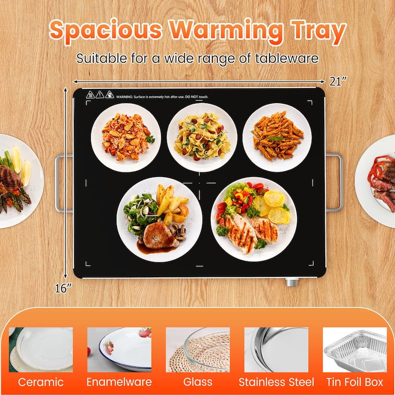 Black Tempered Glass Galvanized Steel Electric Warming Tray with 3 Temp Settings - 24" x 16.5" x 1.5"