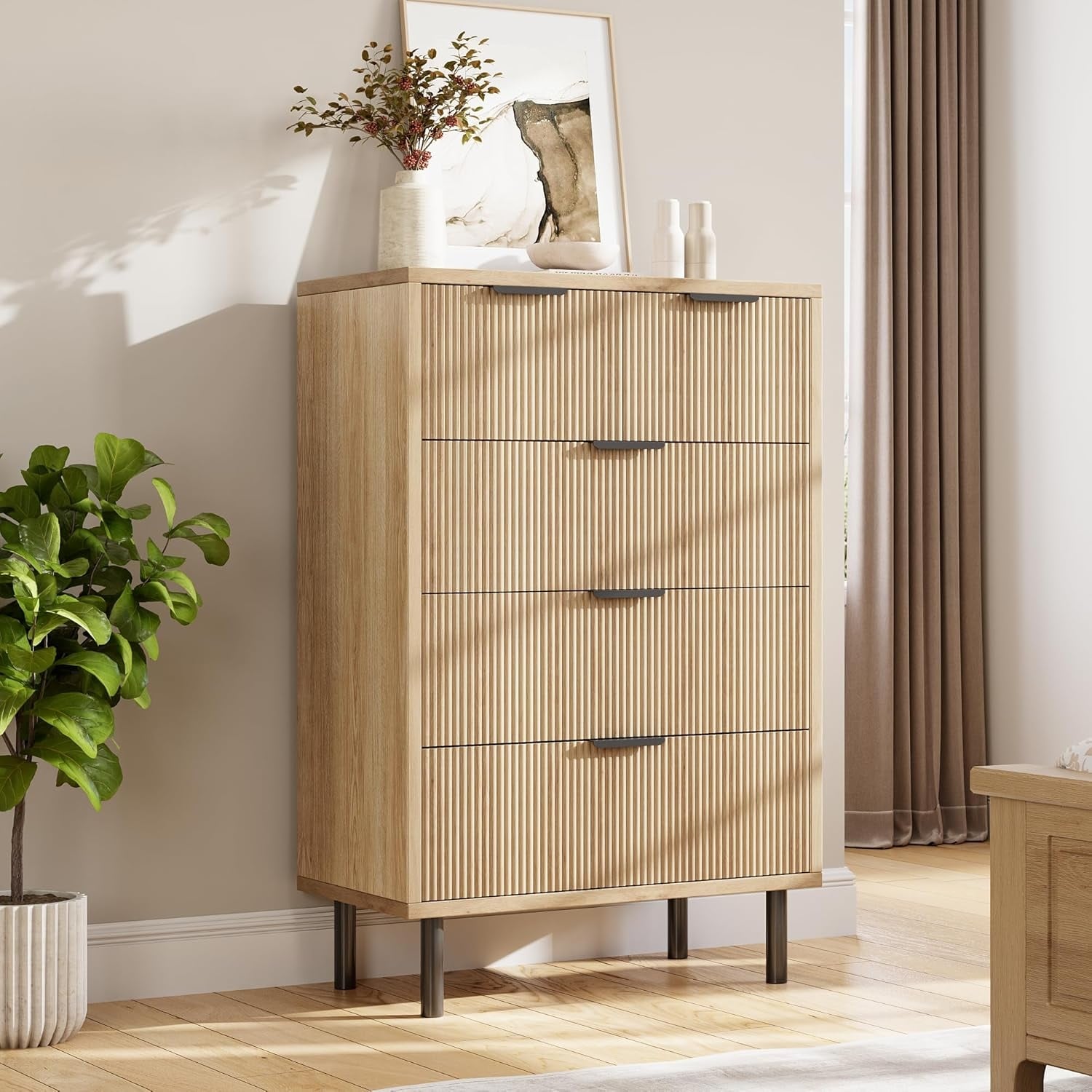 Wave Fluted Drawer Dresser with Anti-Tipping, Wide Wood Nightstand with Storage & Metal Legs for Bedroom Entryway
