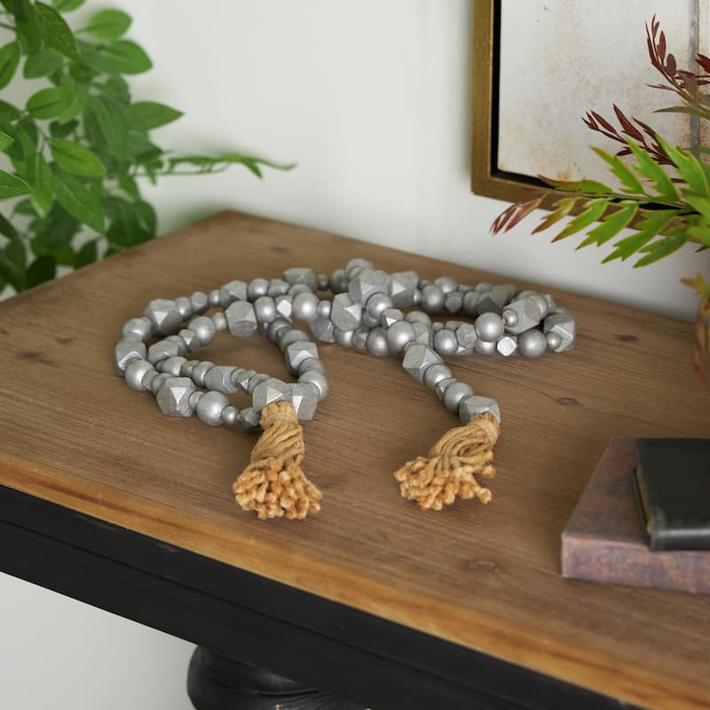 Mango Wood Handmade Hexagon Metallic Carved Geometric Long Beaded Garland with Tassel - Silver - Roche River Decor