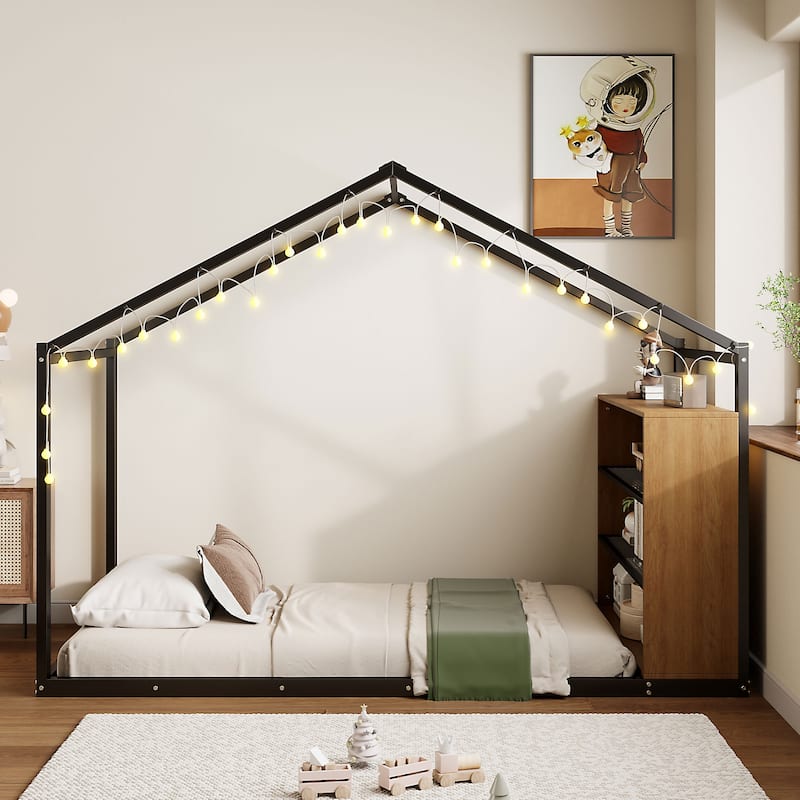 Twin Size Metal Wood House Bed Frame with Shelves and Lights for Kids, Boys and Girls