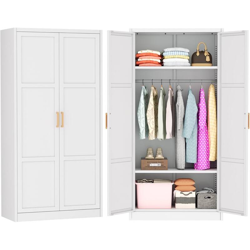 72'' Metal Armoire Wardrobe Closet with Wooden Handle and Hanging Rods, Clothing Closet Storage Cabinet with Adjustable Shelves