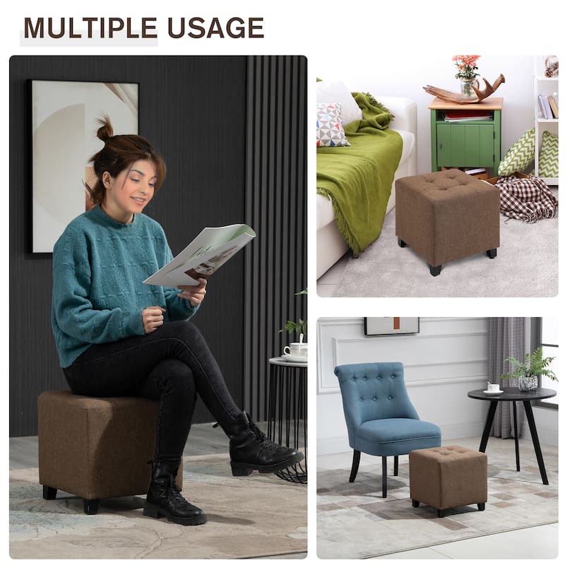 HOMCOM Tufted Ottoman Linen-Touch Fabric Upholstered Footrest Stool with Anti-Slip Pads