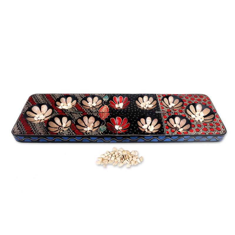 Novica Handmade Fun Parang Blue Wood Batik Mancala Board Game