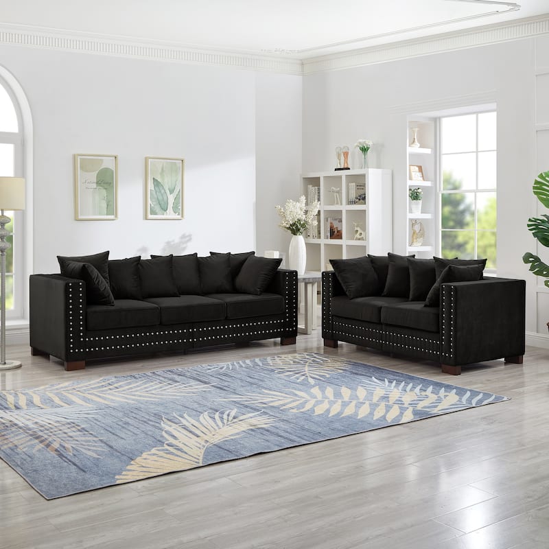 Velvet Upholstered Storage Sofa Set with Loveseat Sofa and 3 Seater Couch, Square Armrests with Silver Nails Decoration