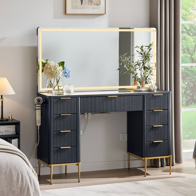 Modern Fluted Makeup Vanity Desk with Mirror, Lights, Charging Station - Grey