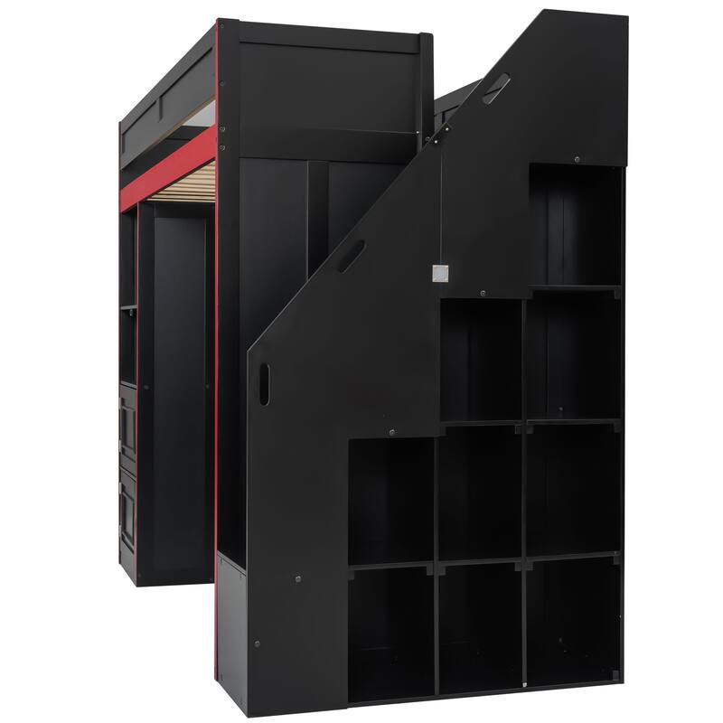 Roomfitters Twin/Full Gaming Loft Bed with Desk, Storage Locker and LED Lights, Black