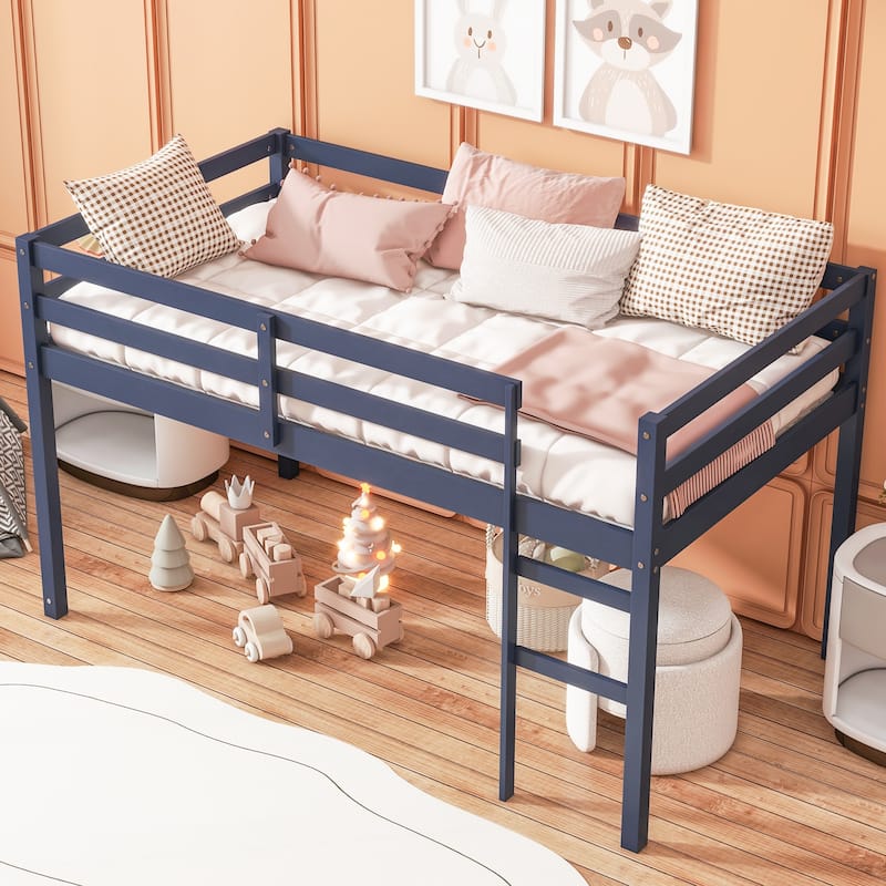 Solid Wooden, Rubber Wooden Twin Loft Bed with Ladder, Bed Platform of Strengthened Slats